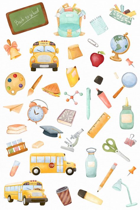 Clip Art School, Study Supplies, Bus School, Education Clipart, Stationery School Supplies, Back To School Clipart, Postcard Mockup, Fairytale Nursery, Stationery School