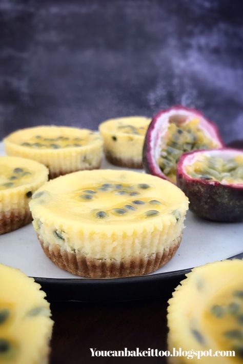 These Mini Passionfruit Cheesecakes are so easy and quick to make.  They have a lovely biscuit base with a delicious layer of cheesecake topped with some fresh passionfruit pulp.  They are great to make for parties or just because you love cheesecakes. #cheesecake  #cheesecakerecipes  #passionfruit  #recipe  #easyrecipe  #delicious  #baking Baked Passionfruit Cheesecake, Grenadilla Cake, Grenadilla Recipes, Lilikoi Cheesecake Recipes, Grenadella Recipes, Lilikoi Cupcakes, Granadilla Cheesecake, Cake With Fruit, Cheesecake Slice