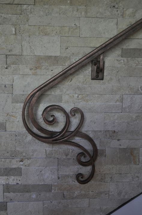 Wrought Iron Banister, Ornamental Iron Gates, Wall Mounted Handrail, Outdoor Handrail, Wrought Iron Handrail, Staircase Wall Decor, Iron Handrails, Gates And Railings, Iron Staircase