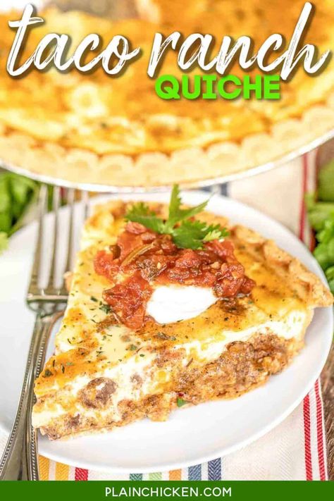 Taco Ranch Quiche Recipe - SO delicious! Quiche loaded with taco meat, salsa, Ranch dressing and cheese. Top with your favorite taco toppings for a fun twist to taco night! Can assemble quiche and freeze unbaked for a quick meal later. Everyone LOVES this easy recipe! There are never any leftovers!! Ground beef, taco seasoning, rotel tomatoes, cheddar cheese, milk, eggs, ranch dressing. SO simple and it tastes AMAZING! #quiche #taco #groundbeef #recipe Taco Quiche, Easy Weekend Breakfast, Chicken Quiche, Delicious Quiche, Tortilla Bowls, Taco Toppings, Quiche Recipes Easy, Beef Taco, Savory Pies