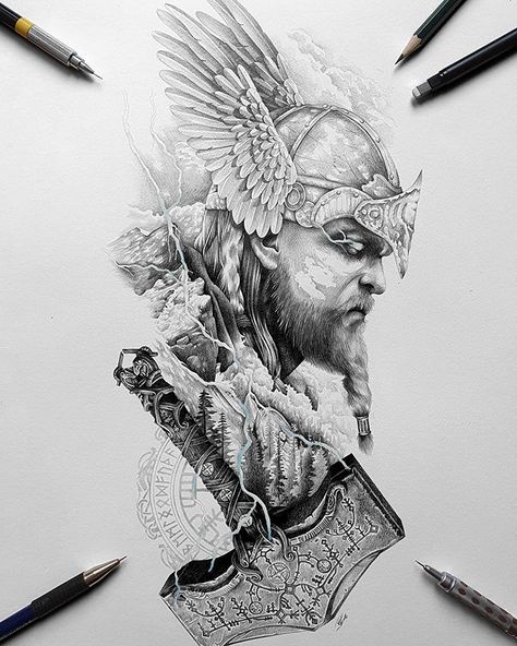 Pols no Instagram: “⚡THOR ⚡ Allready sold :D Ready to tattoo in October. I'm tattooing in amsterdam . #tattooed #tattoo #drawingpencil #drawings #drawinggrid…” Tattoo Odin, Viking Drawings, Thor Tattoo, Rabe Tattoo, Viking Warrior Tattoos, Norse Mythology Tattoo, Valkyrie Tattoo, Scandinavian Tattoo, Arte Viking