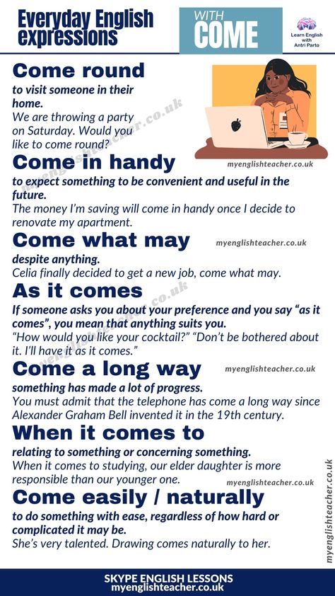 12 everyday English expressions with COME. English speakers use them all the time and I'm sure they'll help you improve your English a lot Functional English, Improve English Speaking, English Communication, English Conversation Learning, English Expressions, English Practice, Language Functions, English Collocations, Everyday English