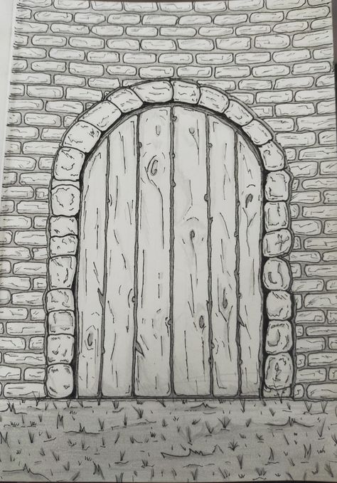 Wooden door with rocks around the door, within a brick wall. Made with pencil and fineliners 0.1 Wooden Door Drawing, Brick Wall Drawing, Door Drawing, A Brick Wall, Brick Wall Background, Wall Drawing, Sketch Ideas, Block Wall, Bedroom Doors