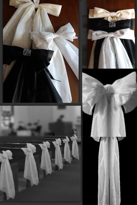 I sell these charming bows in white, ivory and black, on my website also. Wedding pew bows for church, reception, anywhere you would like to decorate your wedding with Simply charming bows. Keep it simple and get more compliments on your pew bows for your wedding. You can visit my site at charmingbows.com or contact me here Bows For Church Pews Wedding, Bows On Pews For Wedding, Pew Bows Wedding Church, Bows Wedding Decor, Pew Decorations Wedding, Church Pew Flowers, Church Pew Wedding, Church Pew Decorations, Wedding Pew Bows