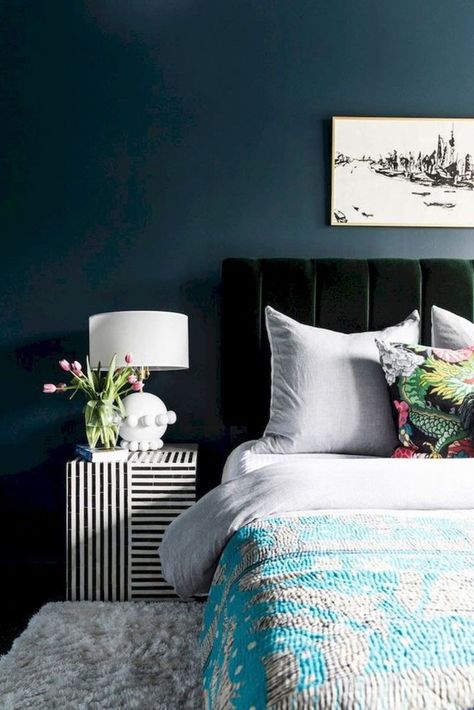 Our 20 Favorite Bedrooms Are Totally Dreamy #SOdomino #room #furniture #bedroom #turquoise #bed #blue #green #bedsheet #bedding #nightstand Eclectic Bedrooms, Green Bedroom Walls, Monochromatic Room, Big Bedrooms, Black Headboard, Boutique Interior Design, Bedroom Wall Paint, Creative Bedroom, Eclectic Bedroom