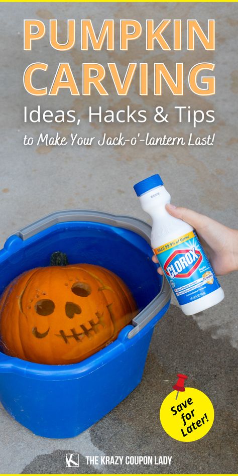 Wondering how to make your carved pumpkin last the whole month of October without getting moldy or wrinkled? There’s nothing worse than spending your time and money carving the perfect pumpkin- only to watch it rot a week later! Follow these simple steps to make your DIY pumpkin or jack-o’-lantern last long after Halloween is over. These pumpkin carving tips and jack-o'-lantern hacks from the Krazy Coupon Lady have you covered! How To Pumpkin Carving, Unique Jack O Lantern Ideas Easy, Pumpkin Hacks Carving, Fun Jack O Lantern Ideas, Taylor Swift Jack O Lantern, Pumpkin Carving How To, Pumpkin Scraping Ideas, Warty Pumpkin Carving, Unique Jack O Lantern Ideas