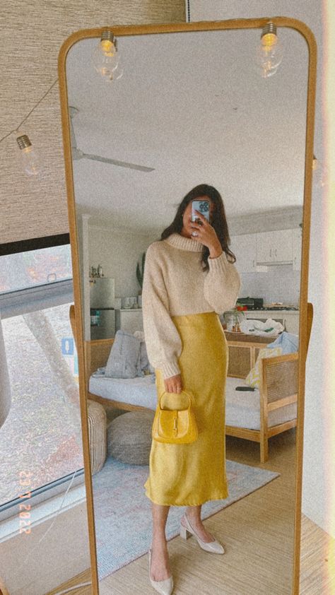 Aesthetic
Fashion 
Midi skirt
Ootd
Yellow Yellow Dress Winter Outfit, Turtle Neck Midi Dress Outfit, Turtle Neck Under Dress Outfit, Yellow Skirt Outfit Winter, Yellow Midi Skirt Outfit, Silk Dress Outfit Winter, Midi Silk Skirt Outfit, Styling A Midi Skirt, Turtleneck Under Dress