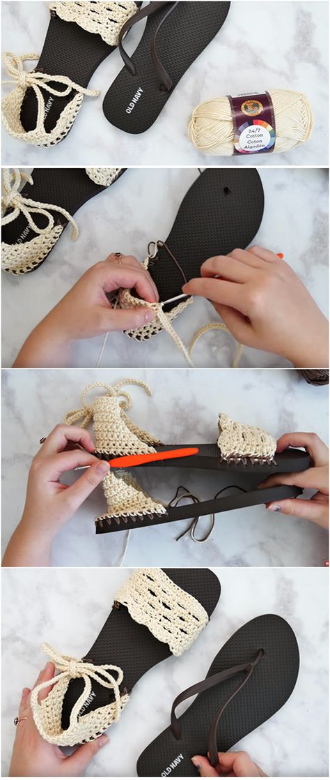 Crochet Sandals With Flip Flop Soles – Easy Tutorial Rajutan Sandal, Sandal Rajut, Crochet Flip Flops, Pattern Flip Flops, Diy Sandals, Crochet Shoes Pattern, Pretty Sandals, Crochet Geek, Crochet Sandals