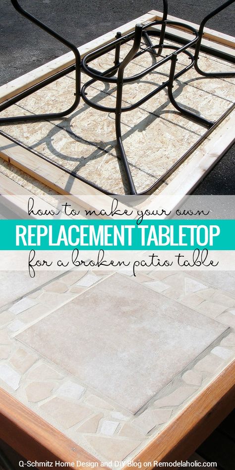 Broken patio table top? No problem! Make your own replacement tabletop with some lumber and tile. Tutorial by Q-Schmitz on Remodelaholic.com. Patio Table Redo, Tile Patio Table, Tile Patio, Patio Table Top, Diy Patio Table, Diy Outdoor Table, Outdoor Table Tops, Tile Table, Outdoor Patio Table