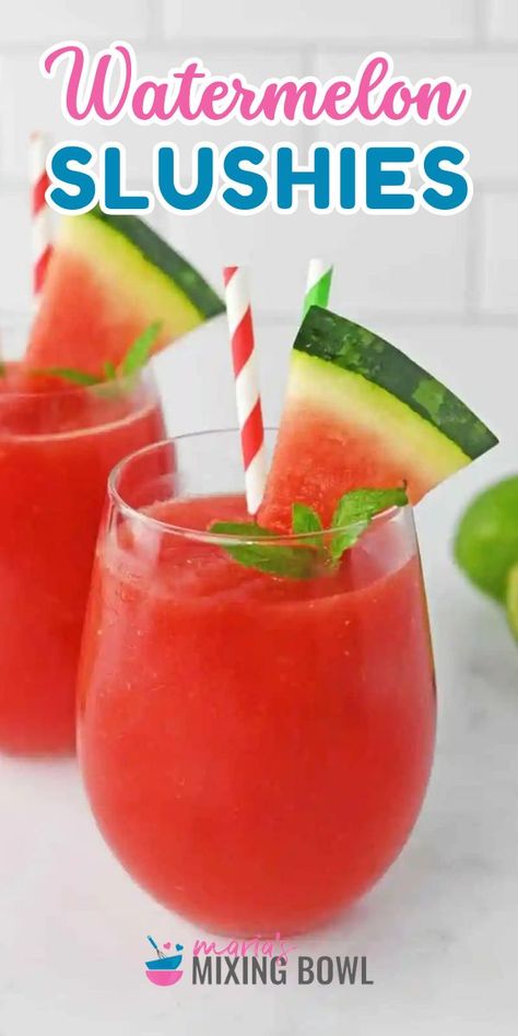 Watermelon Slushies are the best way to cool off on a hot day. Frozen watermelon, sugar, lime juice, and water are blended together to create a partially-frozen, fruity treat that helps you beat the heat on even those summer scorchers. Watermelon Slushy Recipe, Watermelon Drinks With Alcohol, Watermelon Alcoholic Drinks, Watermelon Slushies, Watermelon Slushie Recipe, Watermelon Slushy, Fruit Slushies, Outdoor Party Foods, Seedless Watermelon