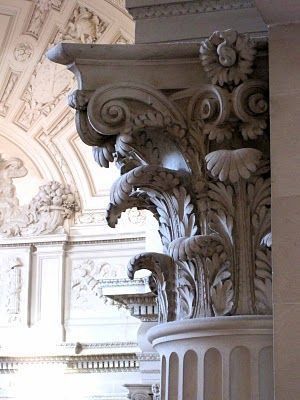 Corinthian Order. Two rows of icanthus leaves, small spiral volutes. Detail of leaves carved on underside of volutes. Corinthian Capital, Classical Building, Corinthian Column, Empire Romain, Neoclassical Architecture, Ancient Greek Architecture, Roman Columns, Stone Columns, Roman Architecture