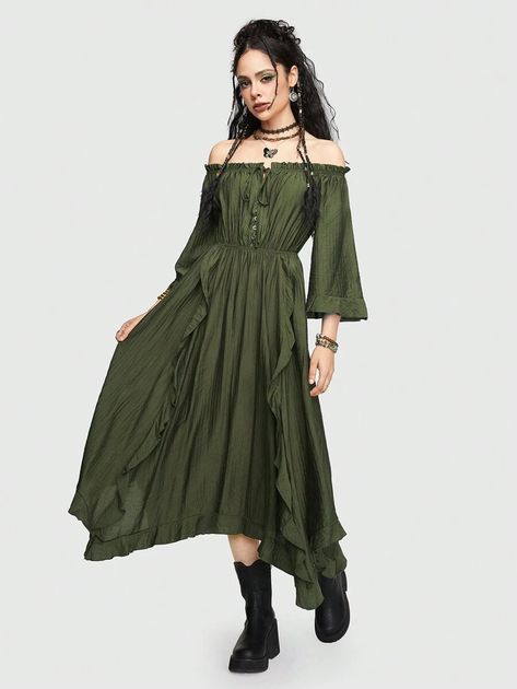 ROMWE Hippie Solid Color Cross Tied Dress With Ruffle Trim And Off Shoulder Design | SHEIN USA Goblincore Dress, Solarpunk Fashion, Medieval Outfit, Curvy Women Dresses, Tied Dress, Military Chic, Off Shoulder Design, Fair Outfits, Kids Summer Fashion