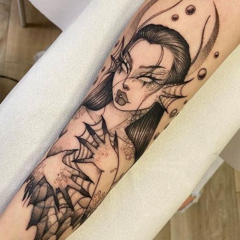 Siren Tattoos For Women, Blackwork Mermaid Tattoo, Mystical Mermaid Tattoo, Dark Siren Tattoo, Creepy Mermaid Tattoo, Gothic Mermaid Tattoo, Mermaid Tattoo Designs Sirens, Illustrative Blackwork Tattoo, Siren Tattoo Design