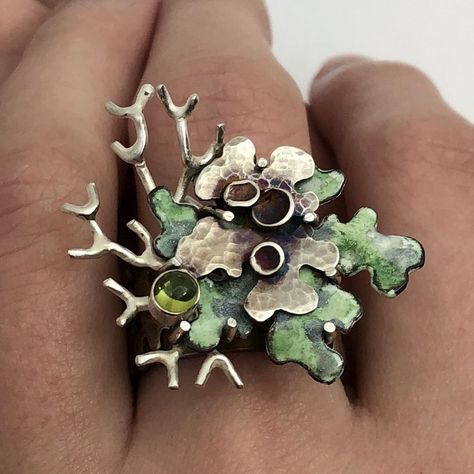 Eileen O’Shea | Finished my ring for the #battleoftherings2021 @danacadesignstudio • #artjewelry #lichenring #lichenology #lichenart #contemporaryenamel… | Instagram Metal Work Jewelry, Enameled Jewelry, Cloth Jewelry, Bold Jewelry, Sterling Silver Jewellery, Funky Jewelry, Nature Inspired Jewelry, Enamel Ring, Metal Clay