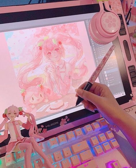 Miku Fanart, Gaming Aesthetic, Artist Workspace, Kawaii Bedroom, Kawaii Games, Otaku Room, Gamer Room Decor, Video Game Room Design, Gaming Room Setup