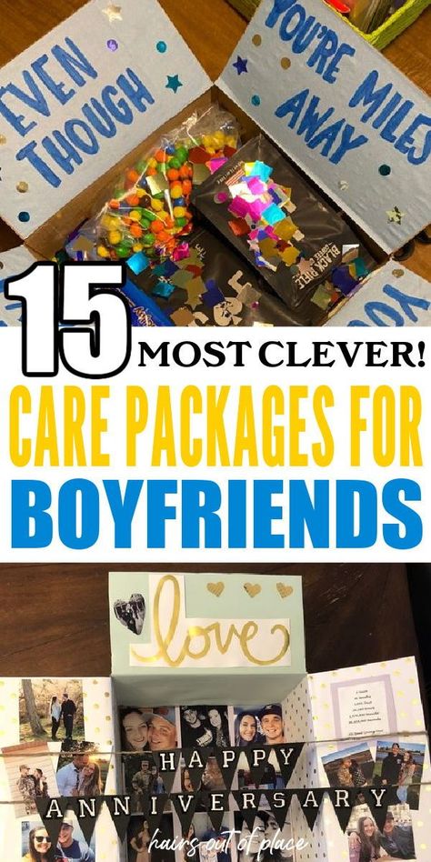 The cutest, most easy gift ideas for your boyfriend look something like these 15 care package ideas! This is the BEST way to let your man know you're thinking of him and is a fun surprise for him to enjoy. If you're needing a good gift idea for your boyfriend for any kind of occasion, care packages are the way to go! Care Package Ideas For Long Distance Boyfriend, College Care Package Boyfriend, Homesick Care Package Ideas, Cute Care Package Ideas For Boyfriend Long Distance, Care Package For Husband, Boyfriend Welcome Home Ideas, Care Package Ideas For Boyfriend Sick, Men’s Care Package Ideas, Care Package Ideas For Husband