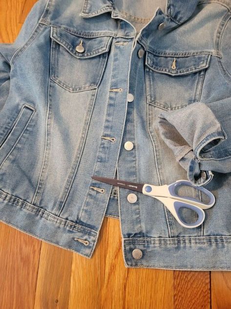 How To Crop A Denim Jacket, Diy Crop Denim Jacket, Diy Cropped Denim Jacket, Denim Jacket Refashion, Distressed Denim Jacket Diy, How To Rip Your Jeans, Jean Jacket Design, Jean Jacket Diy, How To Make Jeans