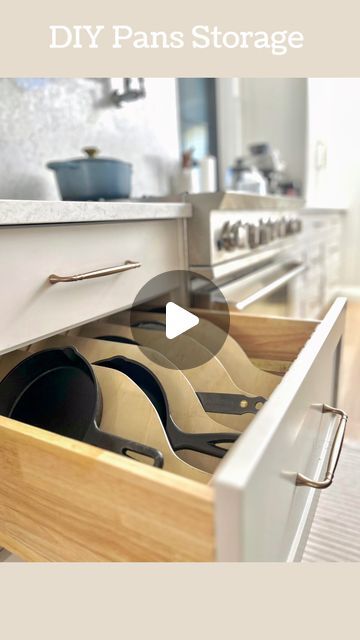 Frying Pan Storage Drawer, Storing Pots And Pans In Drawers, Pan Storage Diy, Pan Drawer, Pot And Pans Organization, Pan Storage, Pan Organization, Kitchen Pantry Design, Organize Drawers