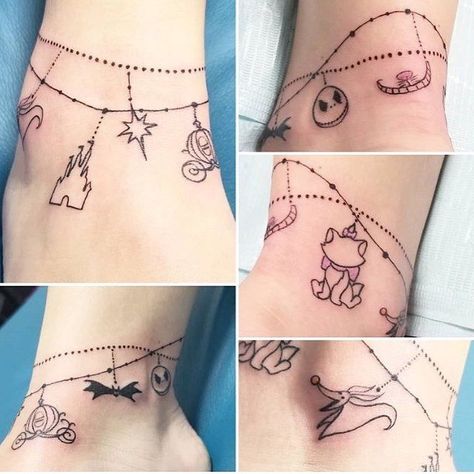 250+ Best Disney Tattoo Designs (2020) Simple Small Themed Ideas from Disneyland World Family First Tattoo, Charm Bracelet Tattoo, Anklet Tattoo, Mickey And Minnie Tattoos, Disney Inspired Tattoos, Disney Tattoos Small, Disney Sleeve Tattoos, Nightmare Before Christmas Tattoo, Mouse Tattoos