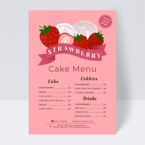 Donut Menu Design, Shop Menu Design, Drawing Dessert, Drawing Strawberry, Thai Milk Tea, Pink Drawing, Cake Cafe, Tea Cafe, Gourmet Desserts