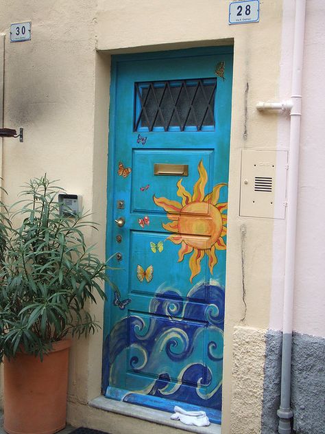 Italy Door, Painting Doors, Health Resort, Hand Painted Door, Paint Door, Door Painting, Liguria Italy, Door Murals, Cool Doors