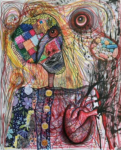 Drawing About Life, Mixed Emotions Art, Portraits Colorful, Markers Painting, Emotions Art, Faces Abstract, Drawing Mixed Media, Skeleton Girl, Contemporary Collage