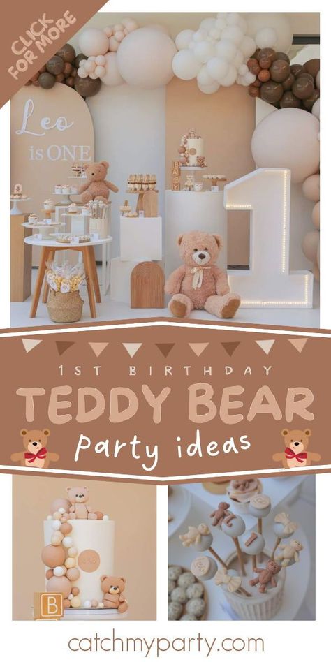 Take a look at this adorable teddy bear 1st birthday party! The cake pops are so cute! See more party ideas and share yours at CatchMyParty.com 1st Birthday Teddy Bear Picnic, 1st Bear Birthday Party, Teddy Bear Birthday Party Ideas, Bear Themed Birthday Cake, Teddy Bear First Birthday Party, Bear Themed Birthday Party Decorations, Teddy Themed Birthday Party, Beary First Birthday Cake, Teddy Bear 1st Birthday Boy