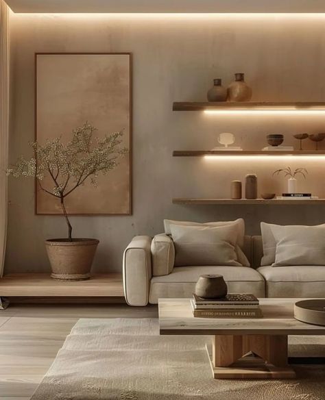 Natural Texture Home Decor, Dream Home Ideas Living Room, Utah Interior Design, Deco Wall Ideas, Cozy Beige Living Room, Beige House Interior, Beige Aesthetic Home, Japandi Interiors Living Room, Japandi Room