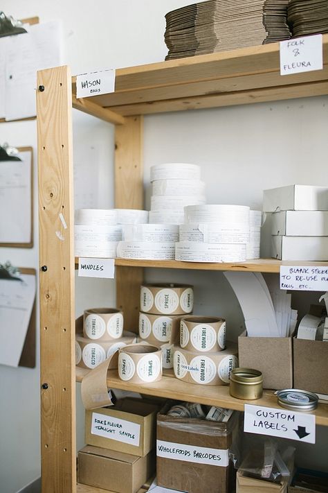 MASTERS OF THEIR CRAFT // BROOKLYN CANDLE STUDIO - CHAR co. Studio Business Decor, Home Decor Small Business, Office For Small Business, Candle Supply Storage, Office Shelves Organization, Candle Storage Ideas, Candle Studio Ideas, Small Business Workspace, Small Business Studio