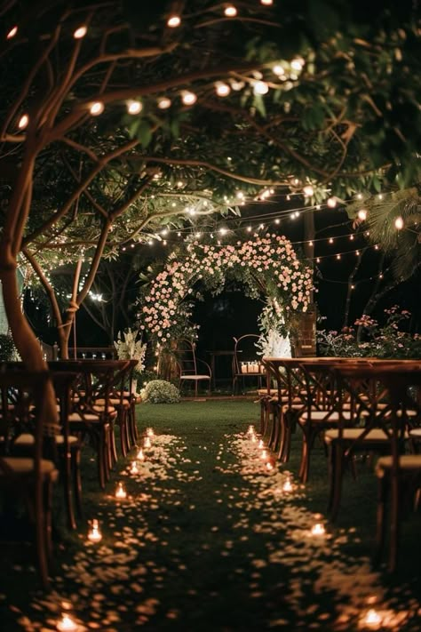 Wedding With Lights Outdoor, Wedding Inspo Romantic Garden, Garden Wedding Set Up, Midnight Garden Wedding, Romantic Small Wedding, Wedding Ideas Garden Theme, Wedding At Night Outdoor, Fantasy Wedding Venue Ideas, Venues For Weddings Outdoor