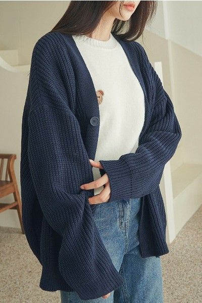 Women's Cardigans | Shop Korean & Global Fashion Online | KOODING Oversized Blue Cardigan Outfit, Dark Blue Cardigan Outfit Aesthetic, Clothing Styles Korean, Blue Cardigan Aesthetic, Oversized Cardigan Outfit Aesthetic, Dark Blue Cardigan Outfit, Oversize Cardigan Outfit, Korean Cardigan Outfits, Blue Outfit Ideas Casual