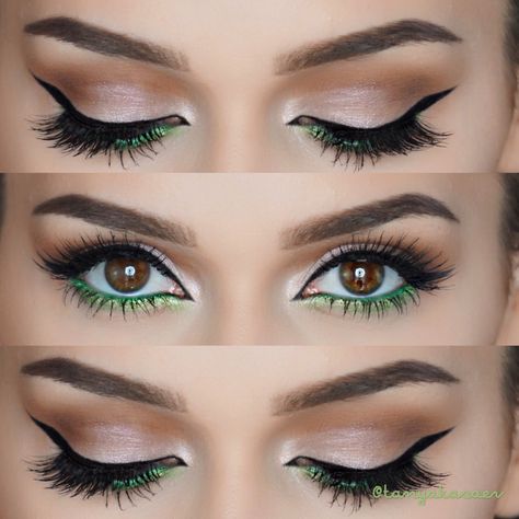 Green Makeup Looks For Blue Eyes, Dark Green Eye Makeup Natural, Brown Eyeshadow With Green Under Eye, Green And Silver Eyeshadow Looks, Green Accent Eye Makeup, Emerald Makeup Look Brown Eyes, Green And Gold Makeup Looks Simple, Green Natural Makeup Look, Homecoming Makeup Green Dress