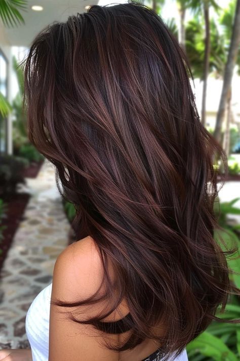 All Over Hair Color Brunette Red Dark Brown, Women Dark Brown Hair, Side Sweep Bangs With Layers, Dark Brown To Black Hair, Hair Color Ideas For Brunettes With Blue Eyes, Long Brunette Hair With Layers, Dark Summer Hair, Hair Color For Brown Skin, Rambut Brunette