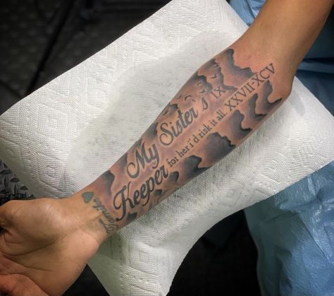 Forearm Background Tattoo, Rob Dillingham Tattoo, Meaningful Tattoos For Men Unique Sleeve, One Word Forearm Tattoos, Four Arm Tattoos For Guys, My Sisters Keeper Tattoo Men, Forearm Tattoos Clouds, Mom Tattoo For Men Forearm, Horizontal Forearm Tattoo