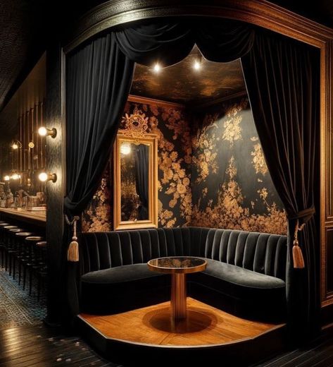 Theatre Bar Design, Great Gatsby Bar Decor, Speakeasy Furniture Interior Design, Speakeasy Ceiling Ideas, Retro Bar Interior Design, Goth Bar Aesthetic, 1920s Cocktail Bar, Speakeasy Pool Room, Smokey Bar Aesthetic