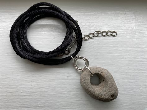 Hag Stone Necklace, Double Strand, Holey Stone Pendant, Odin Stone, Protection Stone, Celtic Stone, Pagan Stone, Witch Stone, Adder Stone Adder Stone, Hag Stone Necklace, Holey Stone, Bandon Oregon, Stone Necklaces, Hag Stones, Protection Stones, Stone Pendant, Black Satin