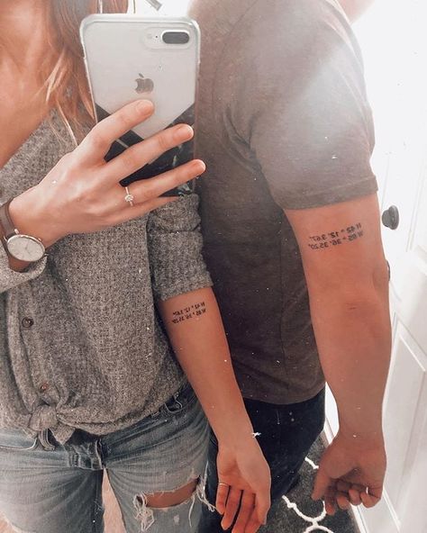 Spouse Tattoos, Husband Wife Tattoos, 19 Tattoo, Married Couple Tattoos, Couple Tattoos Unique Meaningful, Marriage Tattoos, Husband Tattoo, Coordinates Tattoo, Wife Tattoo