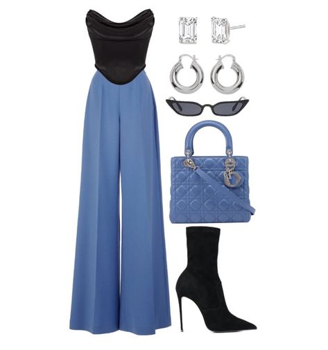 Wide Leg Pants Dinner Outfit, Corset Top With Wide Leg Pants, Blue Outfit Fancy, Corset Top Dinner Outfit, Corset With Wide Leg Pants, Corset And Wide Leg Pants Outfit, Black Corset Top Outfit Classy, Outfit With Blue Heels, Outfits With Black Corset