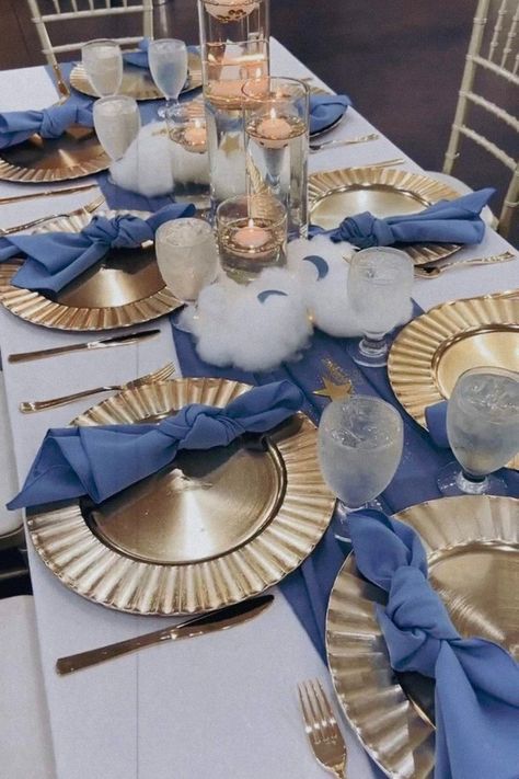 Over The Moon Shower Ideas, Stars And Moon Themed Party, Under The Stars Table Centerpieces, Over The Moon Party Theme, Were Over The Moon Baby Shower Ideas, Over The Moon Food Ideas, We’re Over The Moon Baby Shower Theme, Two The Moon Centerpiece Ideas, Moon And Stars Theme Party