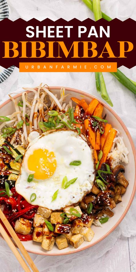 This sheet pan bibimbap is the easiest way to bring some serious flavor to a weeknight dinner. It’s packed with crispy tofu, fried eggs, and vibrant roasted veggies, all drizzled with those classic Korean flavors I love. Plus, it all comes together on one pan in just 35 minutes, making dinner feel a little extra without the effort! Sheet Pan Bibimbap, Bibimbap Recipe Vegetarian, Bibibop Bowls Recipe Copycat, Bimbimbop Bowl, Bibibop Bowls Recipe, Tofu Lunch Ideas, Easy Bibimbap, Vegetarian Bibimbap, Korean Veggies