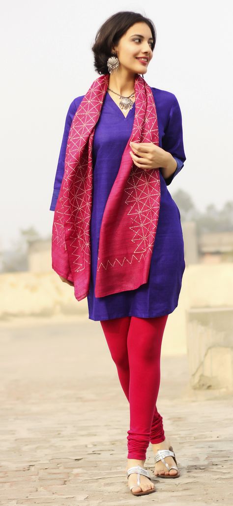 The #pink and #purple story - #silk #kurta with #cotton #churidar Leggings Kurti, Cotton Churidar, Kurta Style, Hot Leggings, Silk Kurta, Indian Couture, Indian Suits, Traditional Attire, Indian Attire