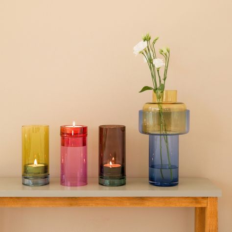 Colorful Stationery, Modern Candle Holders, Glass Tea Light Holders, Knick Knack, Glass Products, Glass Cylinder, Glass Block, Colour Blocking, Glass Lantern