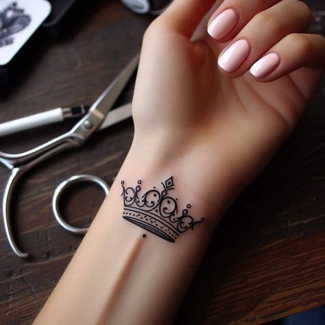 Beautiful Crown Tattoo, Queen Crown Finger Tattoo, Crown Band Tattoo, Tiny Queen Crown Tattoo, Queen Wrist Tattoos For Women, Evil Queen Crown Tattoo, Queen And Princess Tattoo, Feminine Crown Tattoo, Small Queen Crown Tattoo