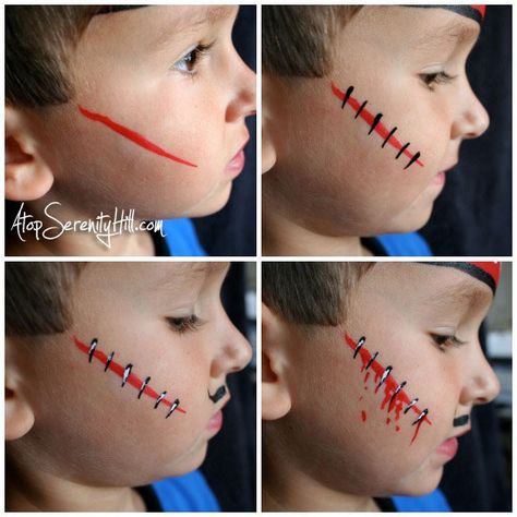 Simple Halloween Face Painting, Scar Face Paint, Halloween Makeup Kids, Kids Halloween Face, Easy Halloween Face Painting, Halloween Makeup For Kids, Maquillage Halloween Simple, Pirate Face, Painting Face