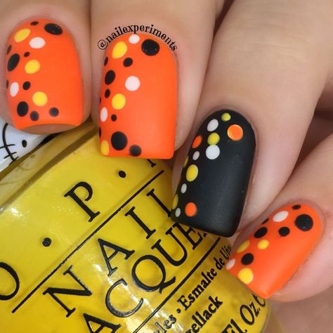 How cute are these Halloween polka dot candy corn nails?! This Halloween nail art look was super EASY… | Candy corn nails, Halloween nails easy, Halloween nails diy Nail Designs Candy Corn, Red Rum Nails Halloween, Candy Corn Manicure, 3 Color Dip Powder Nails, Halloween Polka Dot Nails, Candy Corn Halloween Nails, Halloween Nails Design Ideas, Candy Corn Nails Acrylic, Diy Fall Nail Designs