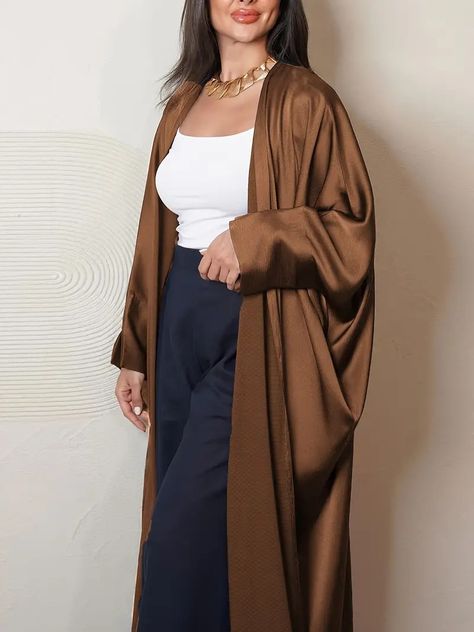 Solid Open Front Kaftan Abayas, Elegant Long Sleeve Maxi Length Dress, Women's Clothing - Temu Saudi Arabia Open Abaya Outfit, Abaya Cardigan, Batwing Sleeve Pattern, Mode Abayas, Dress With Kimono, Stylish Winter Coats, Abaya Outfit, Abaya Kimono, Hijabi Outfit