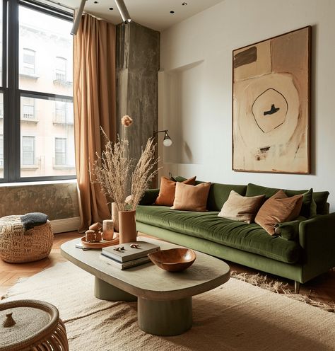 Mad Men Living Room, Living Room Designs Studio, Midcentury Modern Apartment Aesthetic, Retro Minimalist Living Room, Rowhome Interior Design, Green Mid Century Modern Living Room, Beige Aesthetic Living Rooms, Warm Living Room Aesthetic, Living Room Designs Vintage