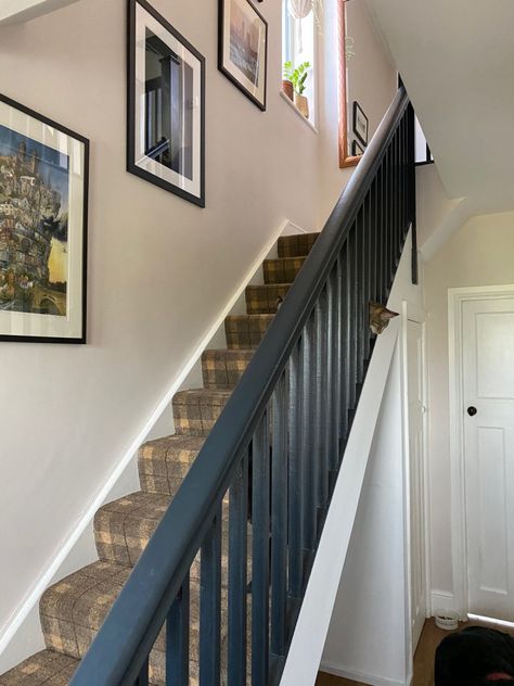 Painted Banister Ideas Colour, Slaked Lime Mid, Farrow Ball Railings, Painted Banister, Stairs And Hallway Ideas, Painted Hallway, Slaked Lime, Hallway Paint Colors, Light Gray Carpet