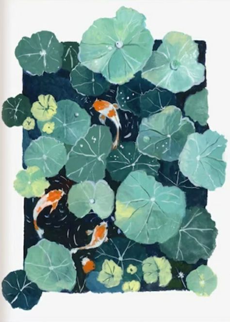 Pond Drawing, Chinese Illustration, Pond Painting, Canvas Art Decor, Carpe Koi, Leaves Illustration, Lotus Pond, Gouache Art, Abstract Watercolor Art