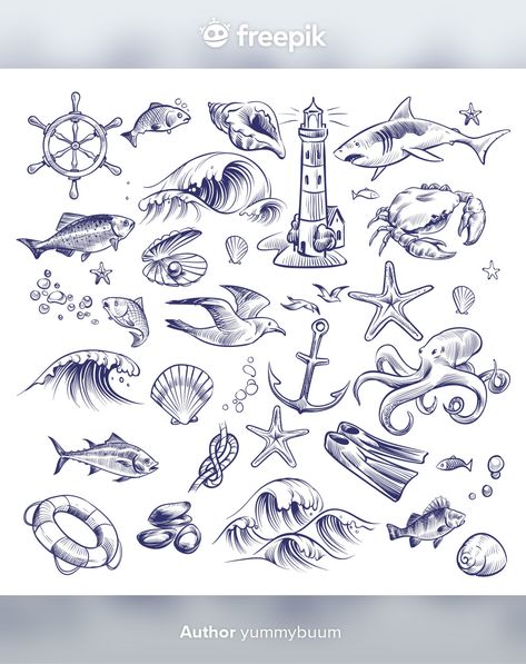 Conjunto marinho de mão desenhada. mar o... | Premium Vector #Freepik #vector #agua #onda #peixe #splash Flash Tattoos, Tattoo Mar Ocean, Seagull Tattoo, Crab Illustration, Crab Shells, Collection Illustration, Doodle Tattoo, Sea And Ocean, Sea Ocean